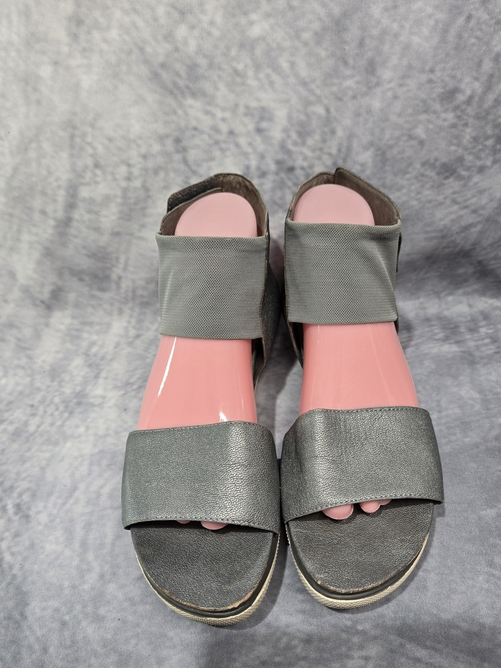 Eileen Fisher Spree Sport Platform Leather Ankle Strap Sandal Silver 9.5